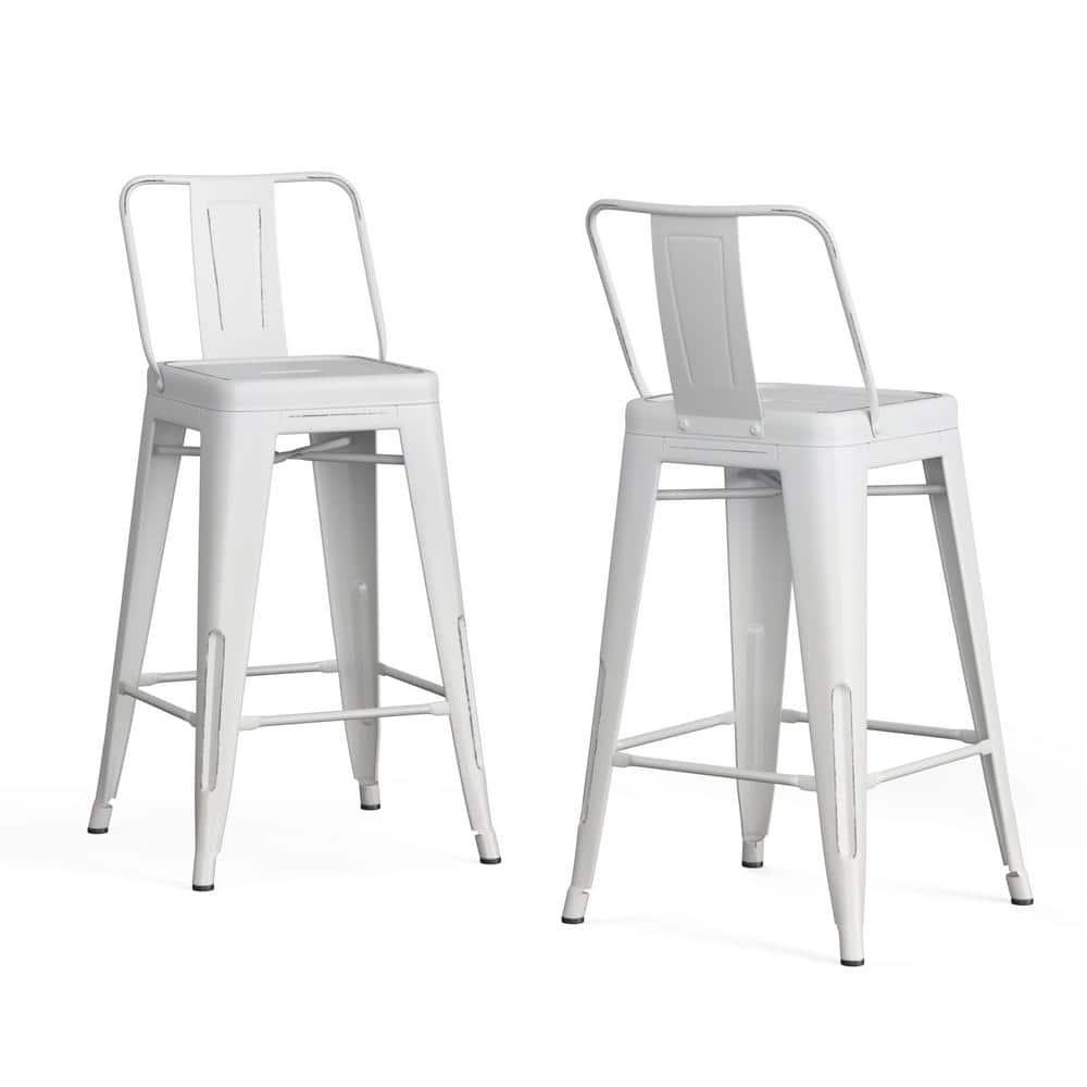 Simpli Home Rayne Industrial Metal 24 inch Counter Height Stool (Set of 2) in Distressed White