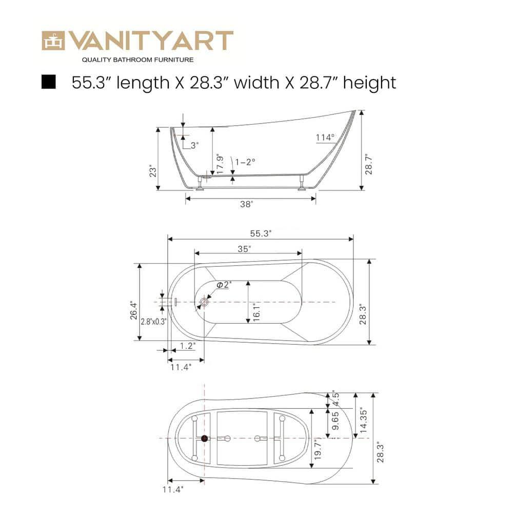55.3" X 28.3" Freestanding Soaking Bathtub