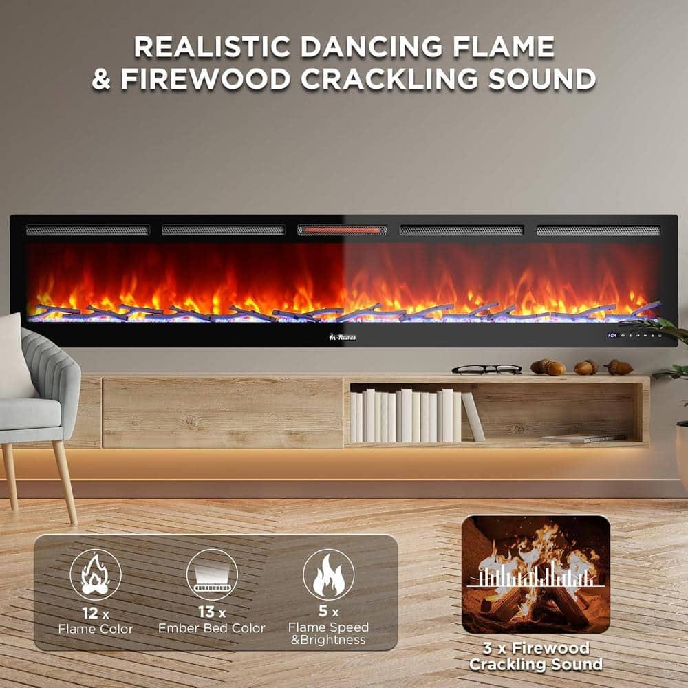 TURBRO 98” Smart WiFi Infrared Electric Fireplace with Sound Crackling and Realistic Flame, 1500W Quartz Heater, Recessed or Wall Mounted, Adjustable Flame Effects, Remote Control and App, in Flames