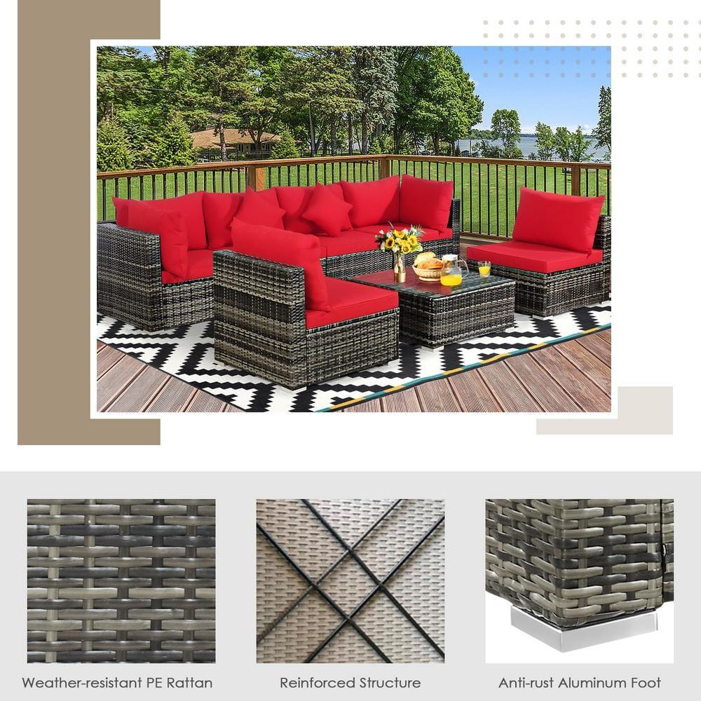 YYAo Garden Conversation Table Set, Conversation Loveseat Chairs Set,7 Pieces Patio Rattan Furniture Set Sectional Sofa Garden Cushion-Red