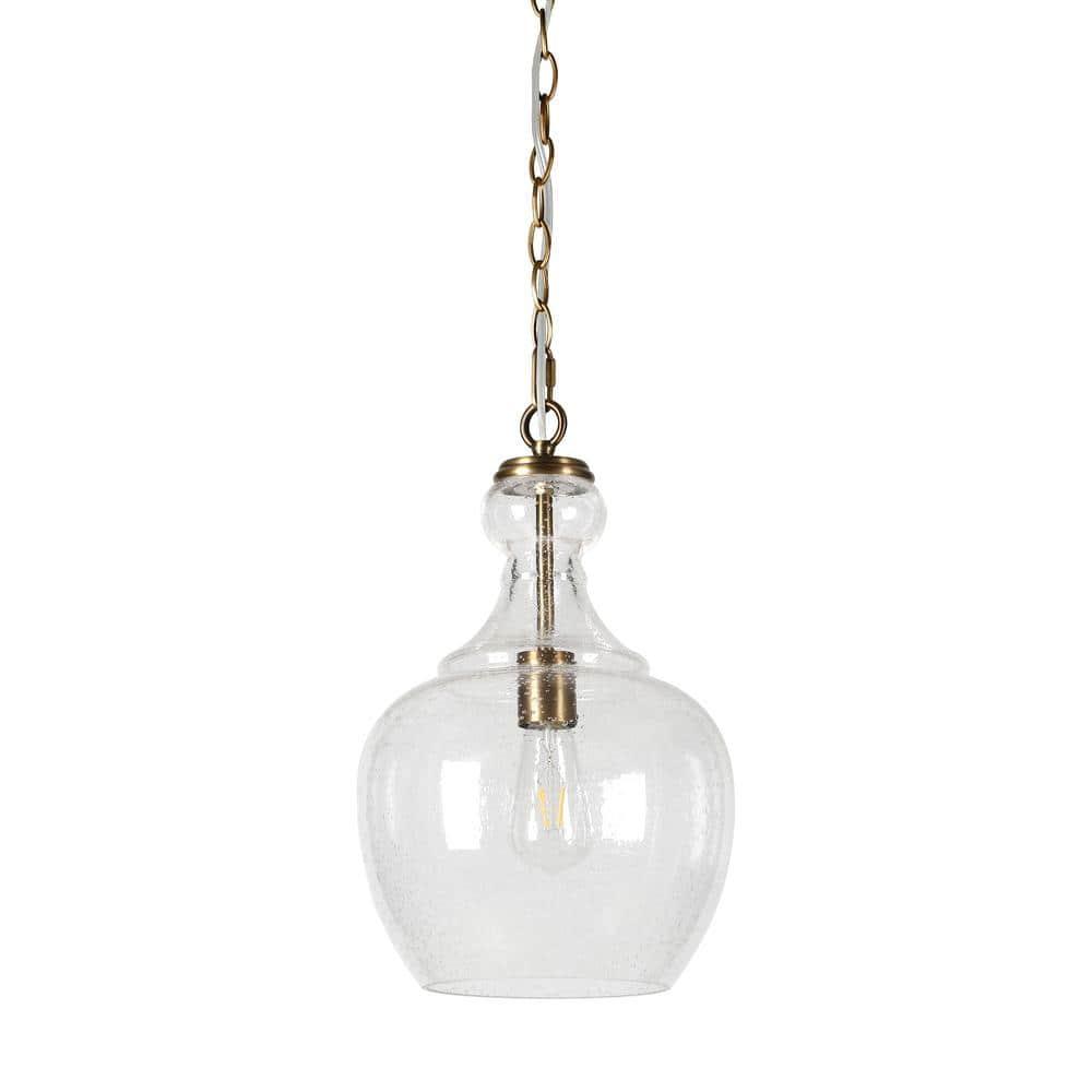 Henn&Hart 11" Wide Pendant with Glass Shade in Brass/Seeded, Pendant, Flush Mount Ceiling Light Fixture for Kitchen, Living Room