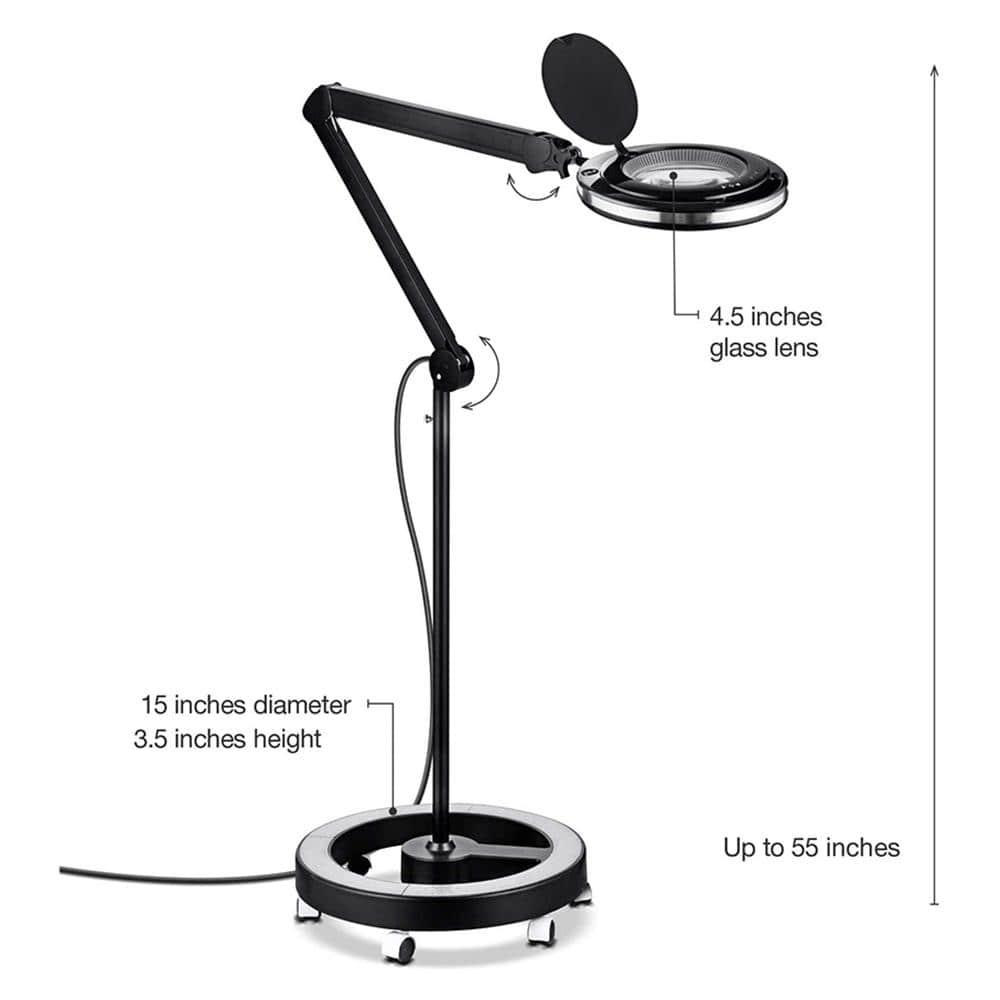 Brightech Lightview Pro 55 in. Black Industrial 1-Light 3-Way Dimming and Color Adjustable 1.75X Magnifying LED Rolling Floor Lamp