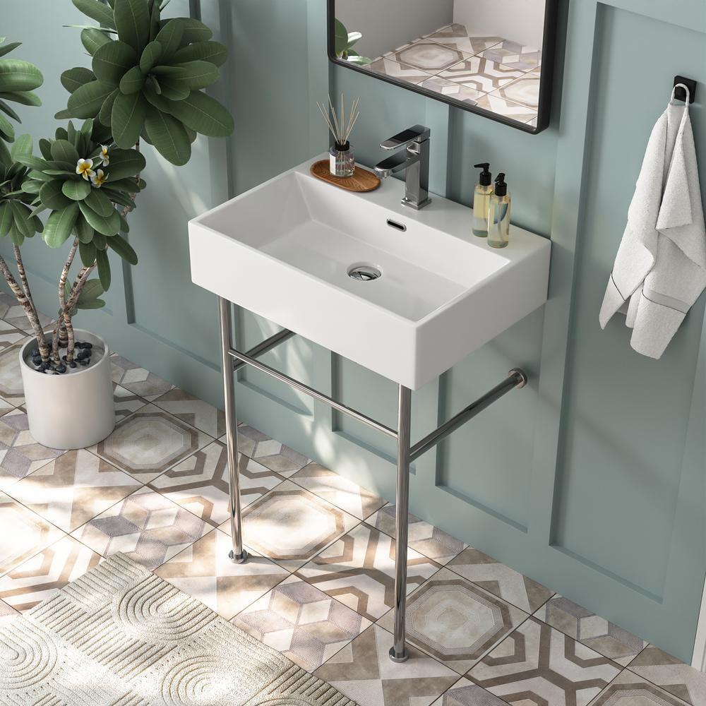 Ceramic White Rectangular Single Faucet Hole 24 in Console Bathroom Sink with Overflow