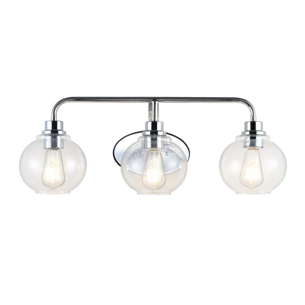 JONATHAN Y JYL7528B Sandrine 26.25" 3-Light Iron/Seeded Glass Cottage Rustic LED Vanity Light Classic 2700K LED 4W Bulbs Entryway Lobby Kitchen Bathroom Bedroom Living Room Hallway, Chrome