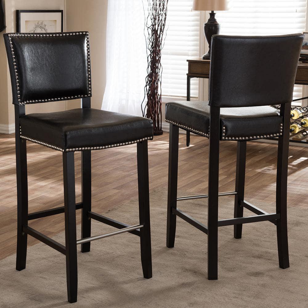 Set of 2 Aries Barstools with Nail Head Trim Dark Modern - Baxton Studio: Upholstered Vinyl, Wood Frame, Fixed Height