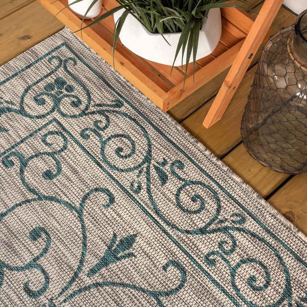 5'x8' Charleston Vintage Filigree Textured Weave Indoor/Outdoor Area Rug, Gray/Teal - JONATHAN Y