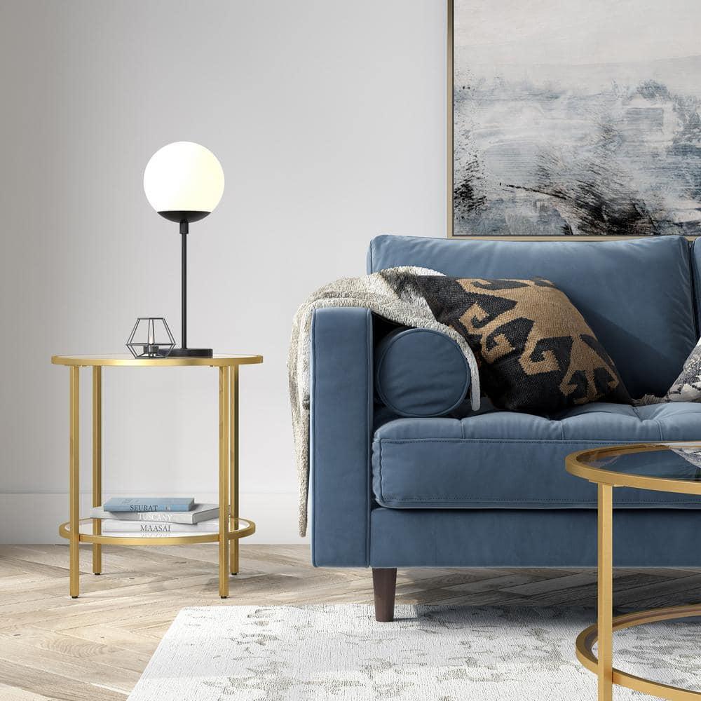 Evelyn&Zoe Sivil 20" Wide Round Side Table with Glass Shelf, Brass