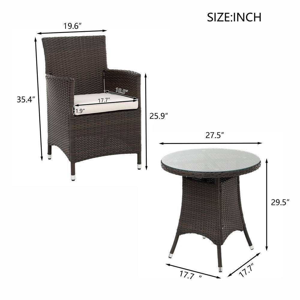 3 Piece Outdoor Dining Set, All-Weather Wicker Patio Dining Table and Chairs with Cushions and Round Tempered Glass Tabletop, Conversation Set for Patio Backyard Porch Garden Poolside, Brown