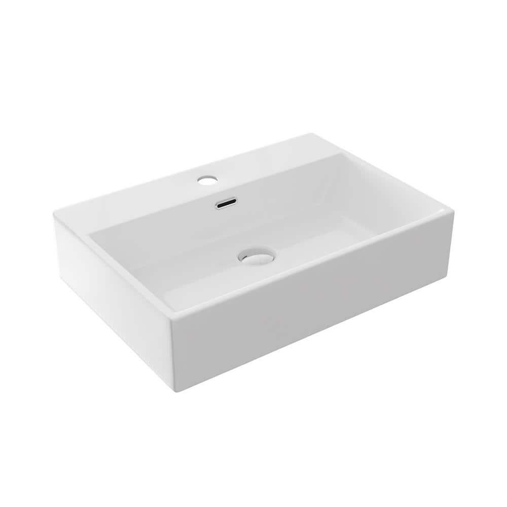 Ceramic White Rectangular Single Faucet Hole 24 in Console Bathroom Sink with Overflow