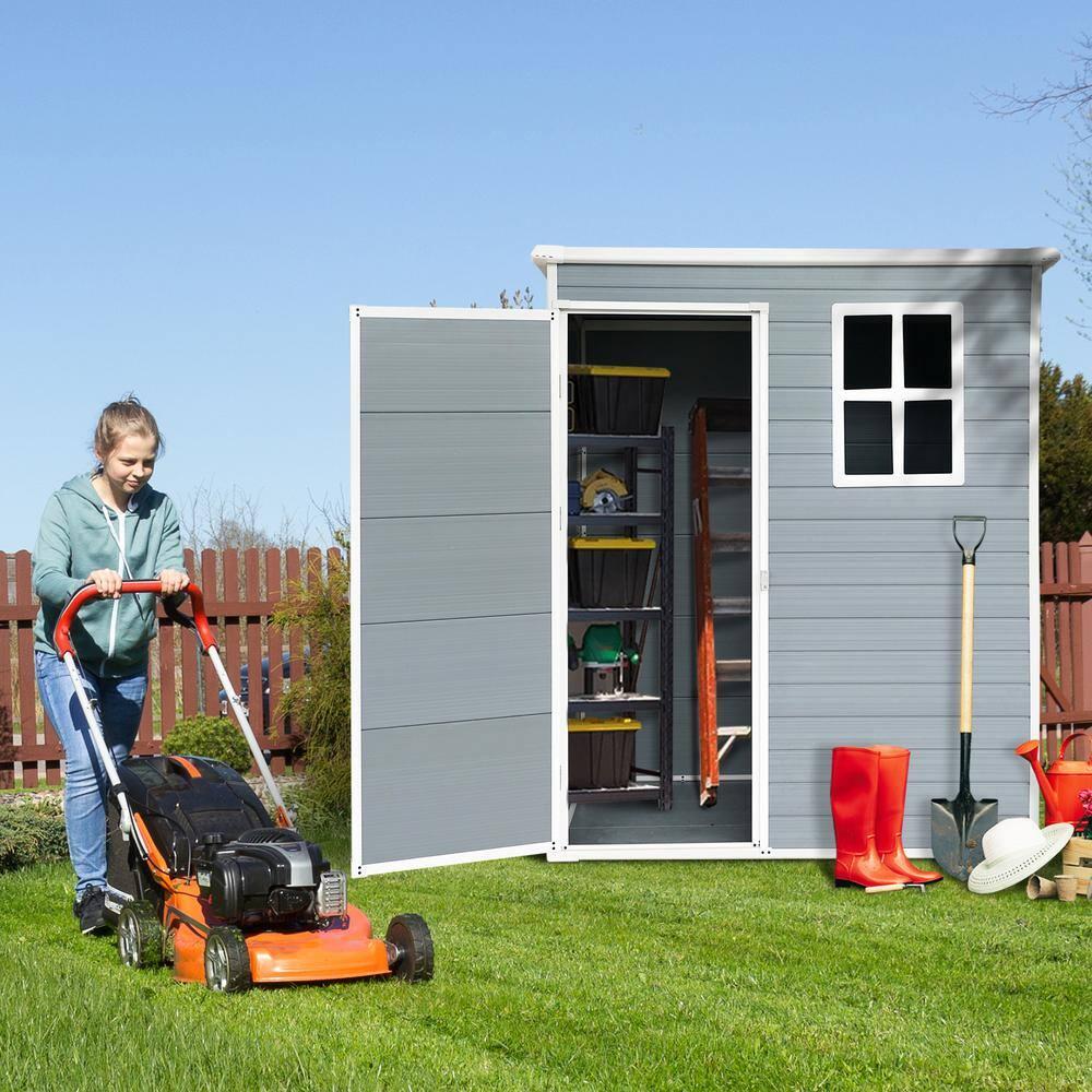 Mondawe 5' × 3' Metal Outdoor Storage Shed with Door & Lock, Waterproof Garden Storage Tool Shed with Base Frame for Backyard Patio,Grey