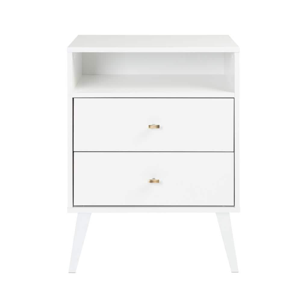 Mid Century Modern 2 Drawer Tall Nightstand with Shelf White - Prepac: Wood Laminate, Includes Anti-Tip Hardware
