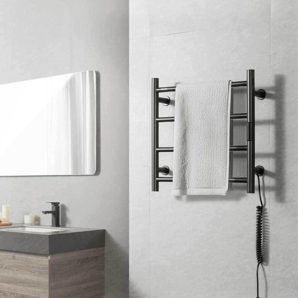 VEVOR 4 Bars Towel Warmer Rack, Wall Mounted Heated Towel Rack for Bathroom, IPX5 Waterpoof Towel Heater Rack with Timer & Display Screen, Black