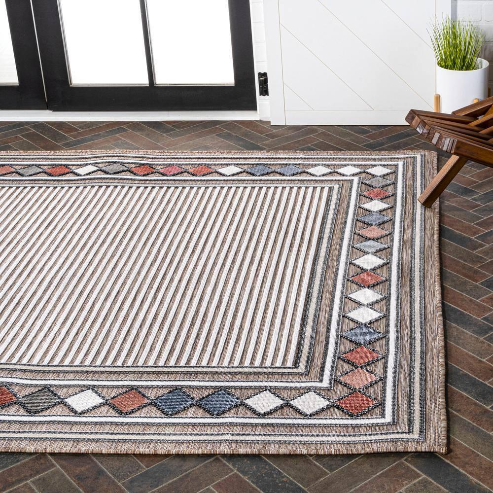 JONATHAN Y Sebastian High-Low Modern Diamond Border Brown/Ivory 3 ft. x 5 ft. Indoor/Outdoor Area Rug