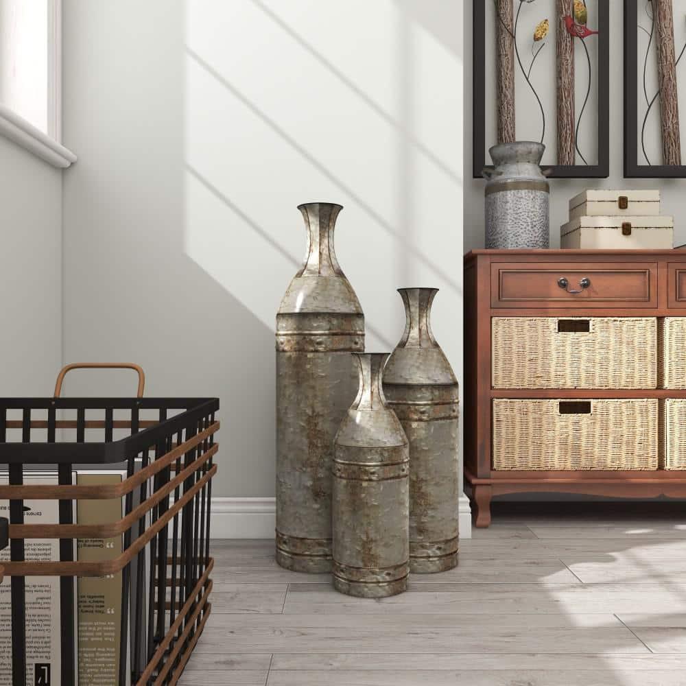 DecMode Farmhouse Cylinder Shape Extra Large Silver Distressed Metal Floor Vases, Set of 3, 43", 33", 25"H