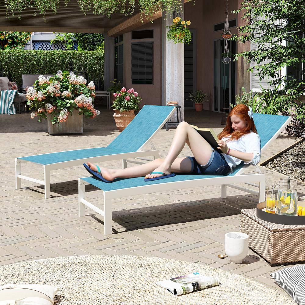 Set of 2 Blue Aluminum Adjustable Outdoor Chaise Lounges