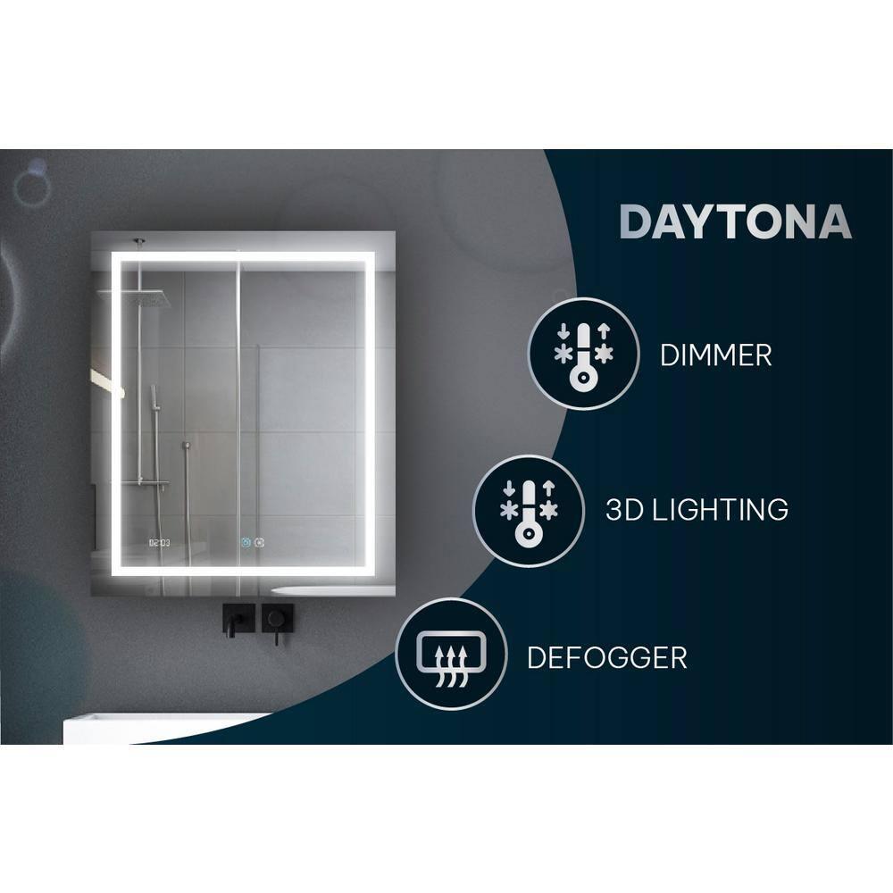 AQUADOM Daytona LED Wall-Mount Mirror for Bathroom with 3 Color Lighting, Touch Control, Dimmer and Defogger, Digital Clock