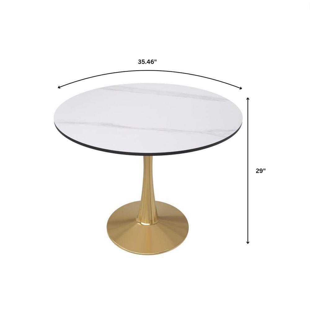 LeisureMod Bristol 35" Round Dining Table – Sintered Stone Top Accent Café Table & Sturdy Steel Gold Pedestal Base for Kitchen and Small Spaces