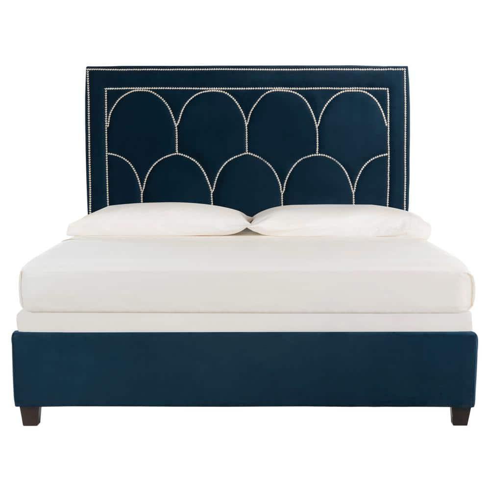 SAFAVIEH Solania Glam Upholstered Bed Frame with Nail Head, Queen, Navy