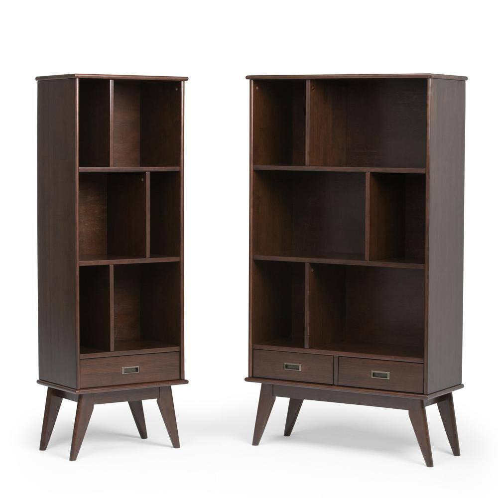 Simpli Home Draper 35"W Solid Hardwood 6 Shelf Compartment Mid-Century Modern Wide Bookcase with 2 Drawers