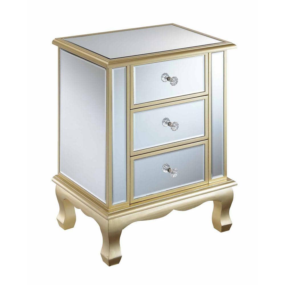Gold Coast Vineyard 3 Drawer Mirrored End Table In White Wood and Mirrored Glass
