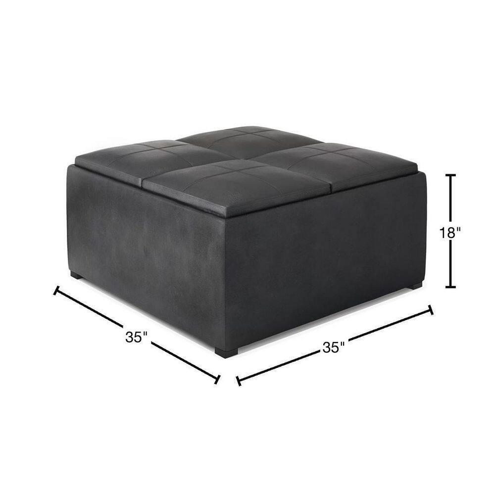 Simpli Home Avalon 35"W Upholstered Square Coffee Table Storage Ottoman with Flip-Over Trays