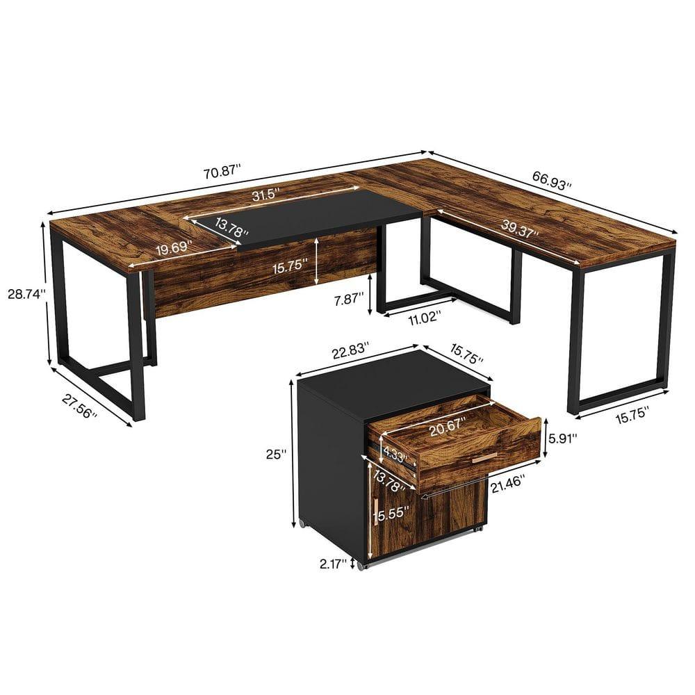 Capen 70.8 in. L Shaped Rustic Brown Wood Executive Desk with File Cabinet L Shaped Computer Desk for Home Office
