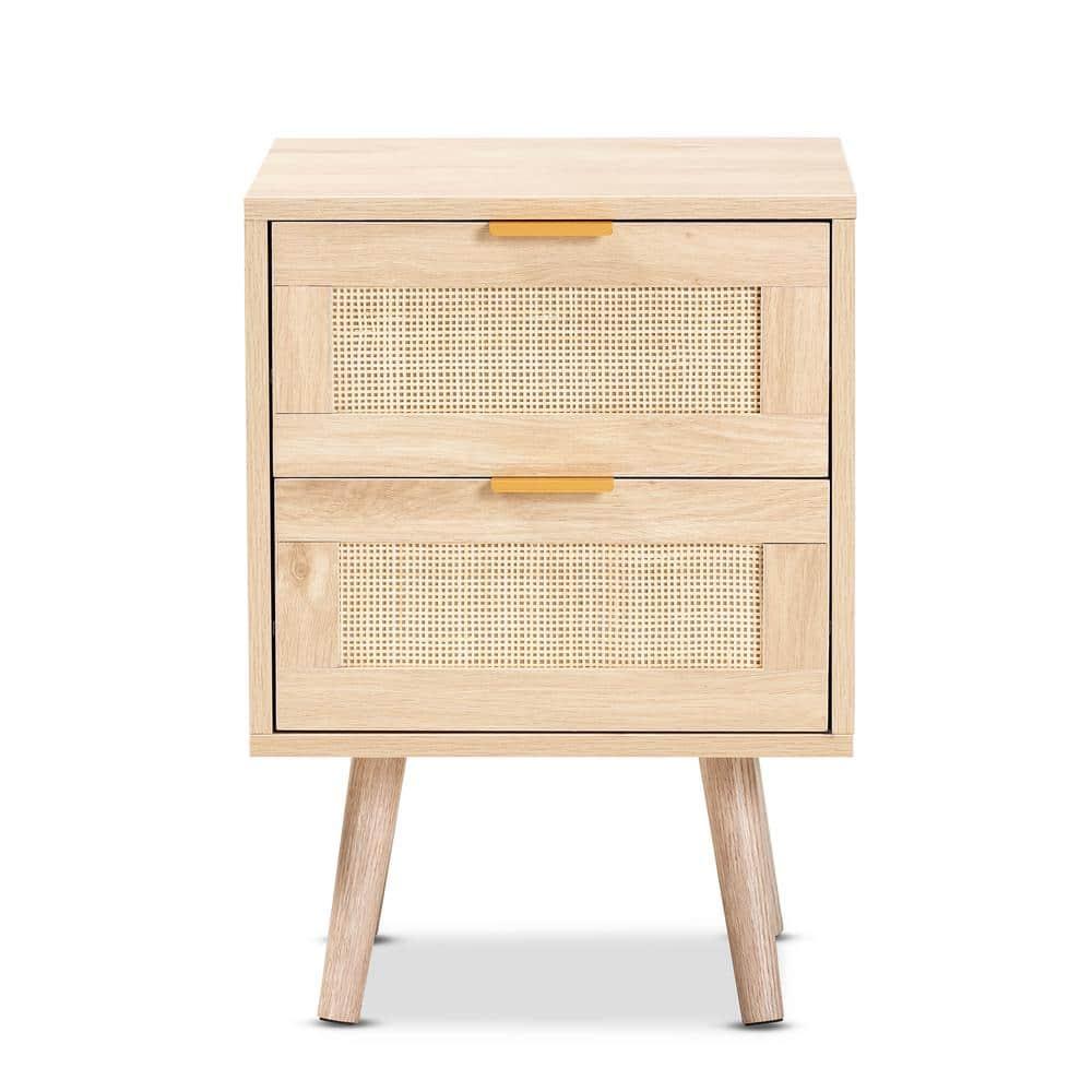 Baird Wood and Rattan 2 Drawer Nightstand Brown - Baxton Studio: Bohemian Style, Gold Tone Handles