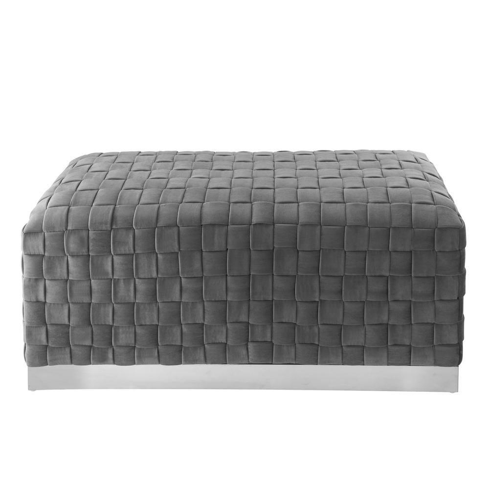 Boe Grey/Chrome Velvet Bench - Intricate Woven Pattern, Chrome Stainless Steel Base