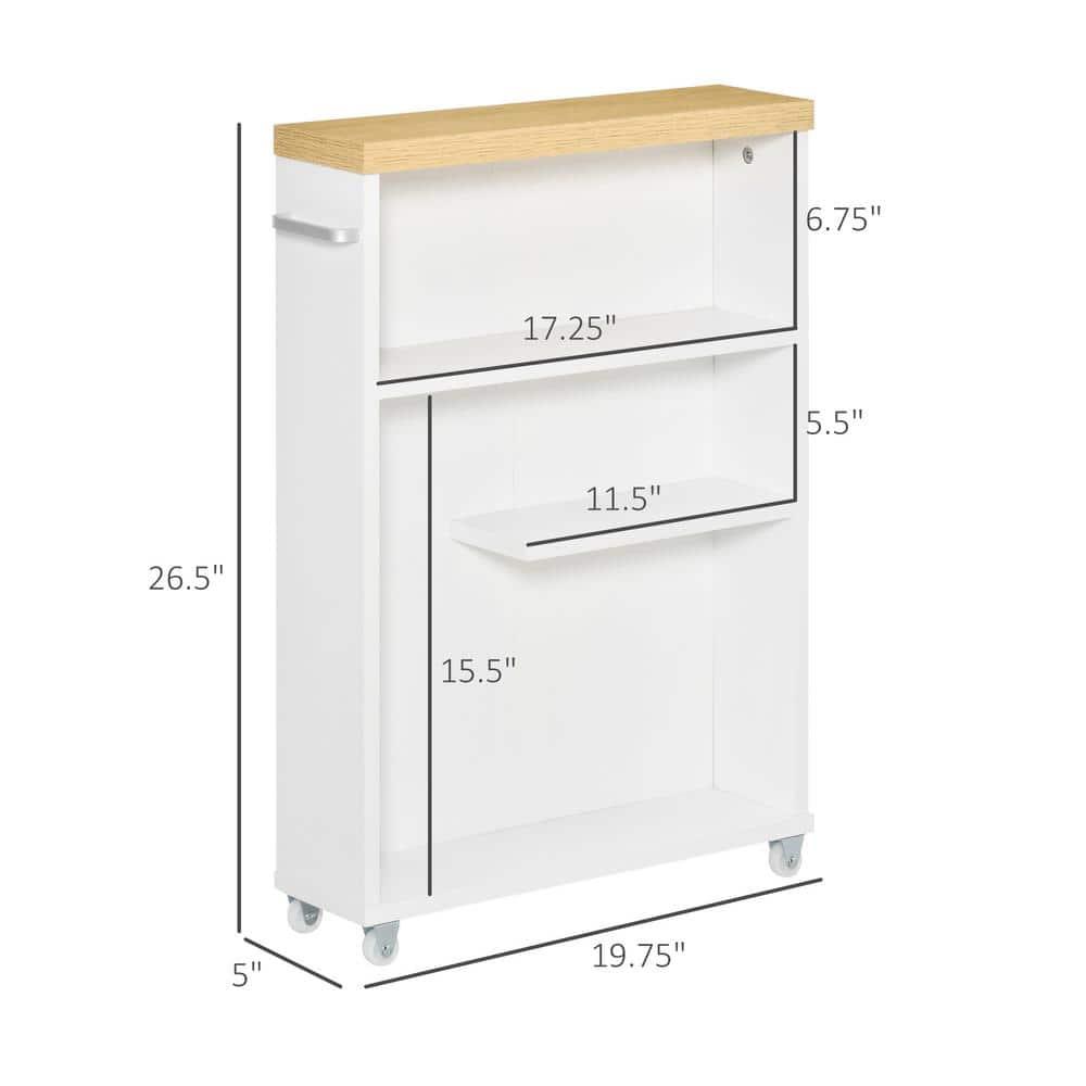 kleankin Slim Bathroom Cabinet with Castor Wheels Storage Organizer and Wood Shelves To Fit In Small Spaces, White