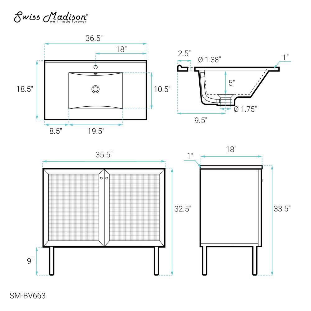 SM-BV663 Classe 36" Freestanding Bathroom Vanity in Golden Oak with Sink Top
