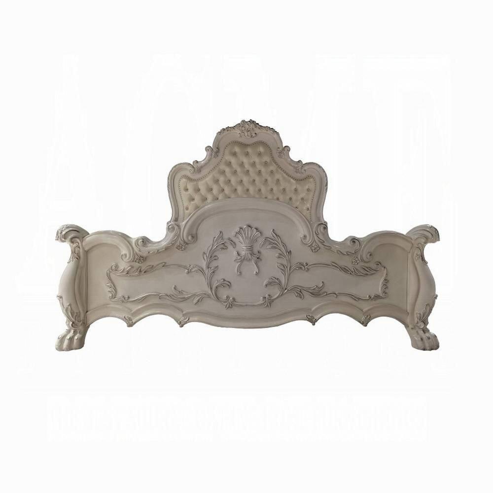Benjara Ally Bed, Classical White Faux Leather Victorian Carved Wood