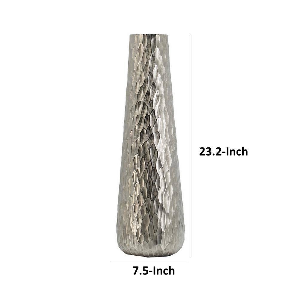 Benjara BM302673 23 in. Diamond Textured Tapered Aluminum Tall Oblong Vase, Silver