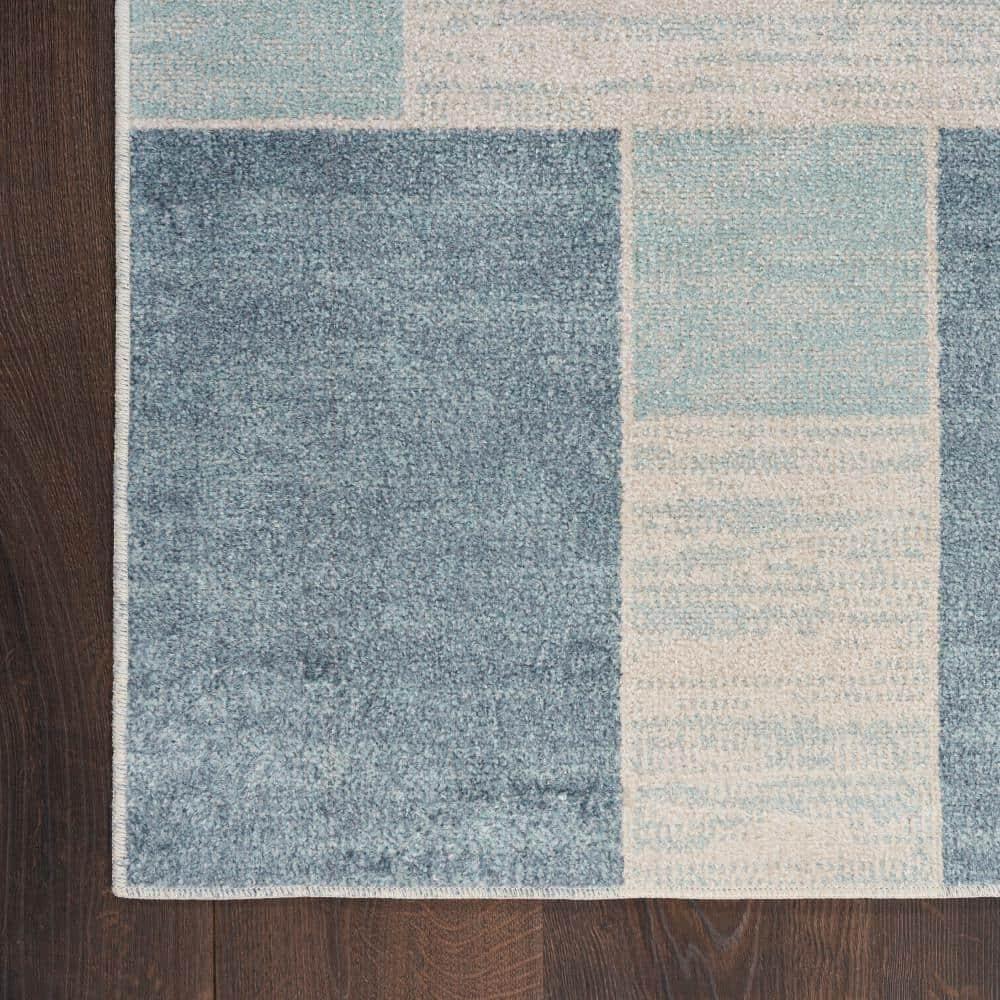 Nourison Astra Machine Washable Contemporary Color Block Indoor Rug Blue Ivory 5'3" x 7'