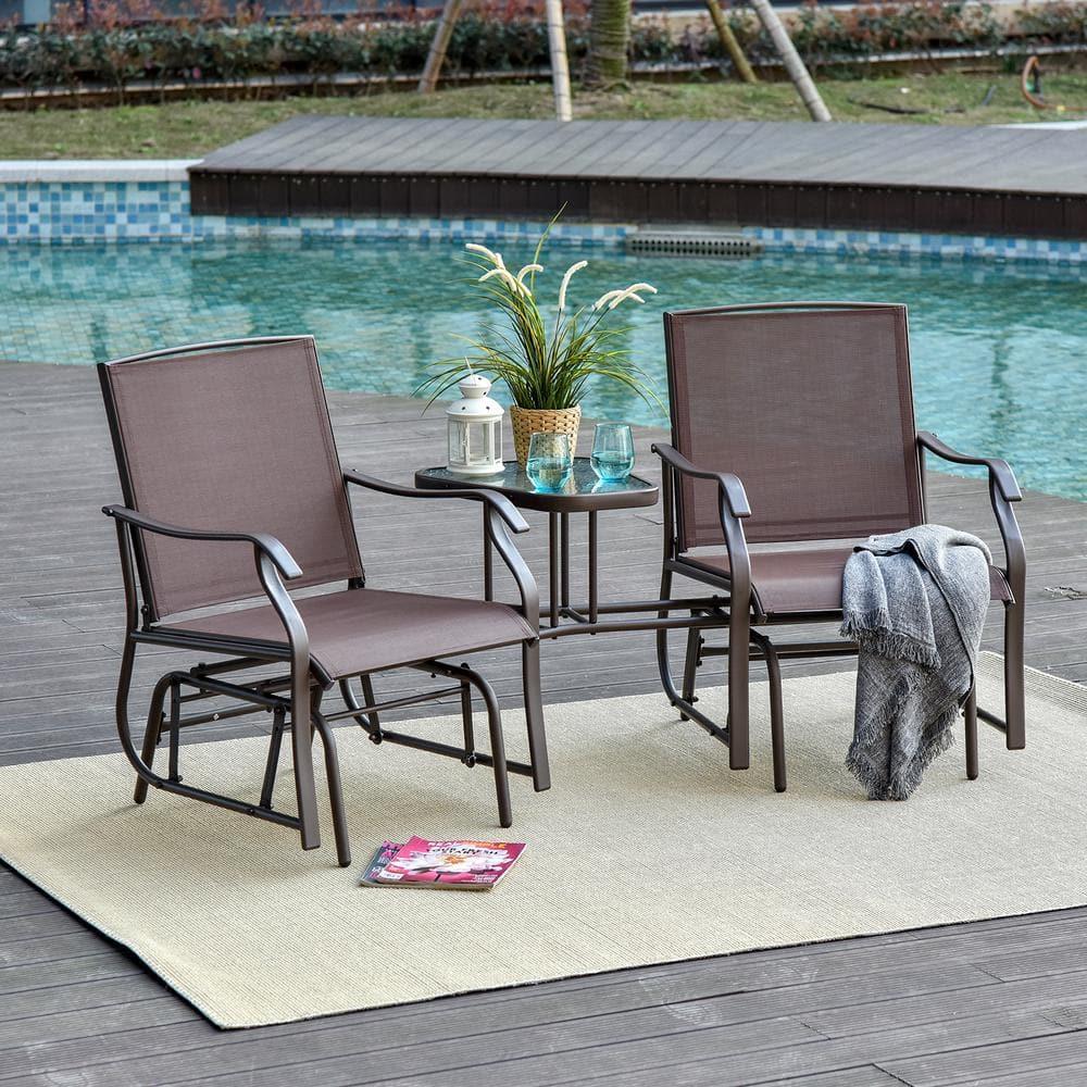 Outsunny Outdoor Glider Chairs with Coffee Table, Patio 2-Seat Rocking Chair Swing Loveseat with Breathable Sling, Coffee Brown