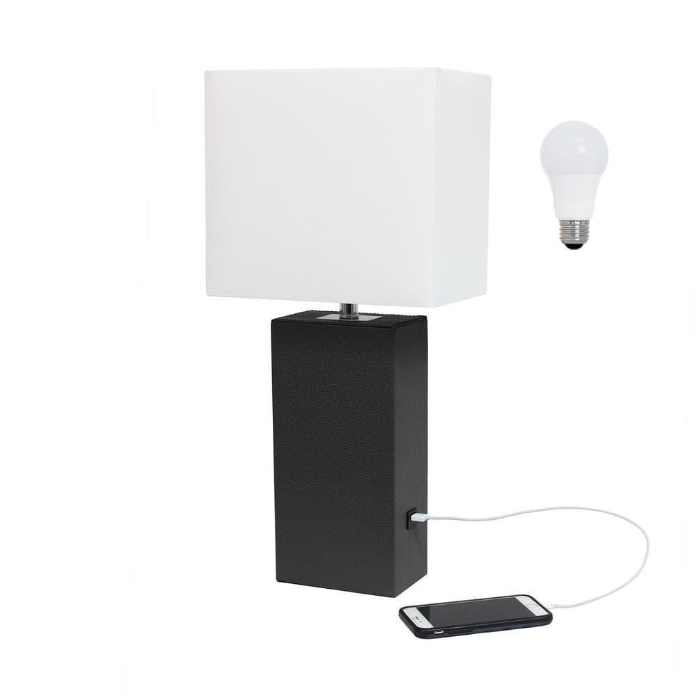 Elegant Designs 21" Modern Leather Wrapped Table Lamp with USB Port and Feit LED (Includes LED Light Bulb) Black