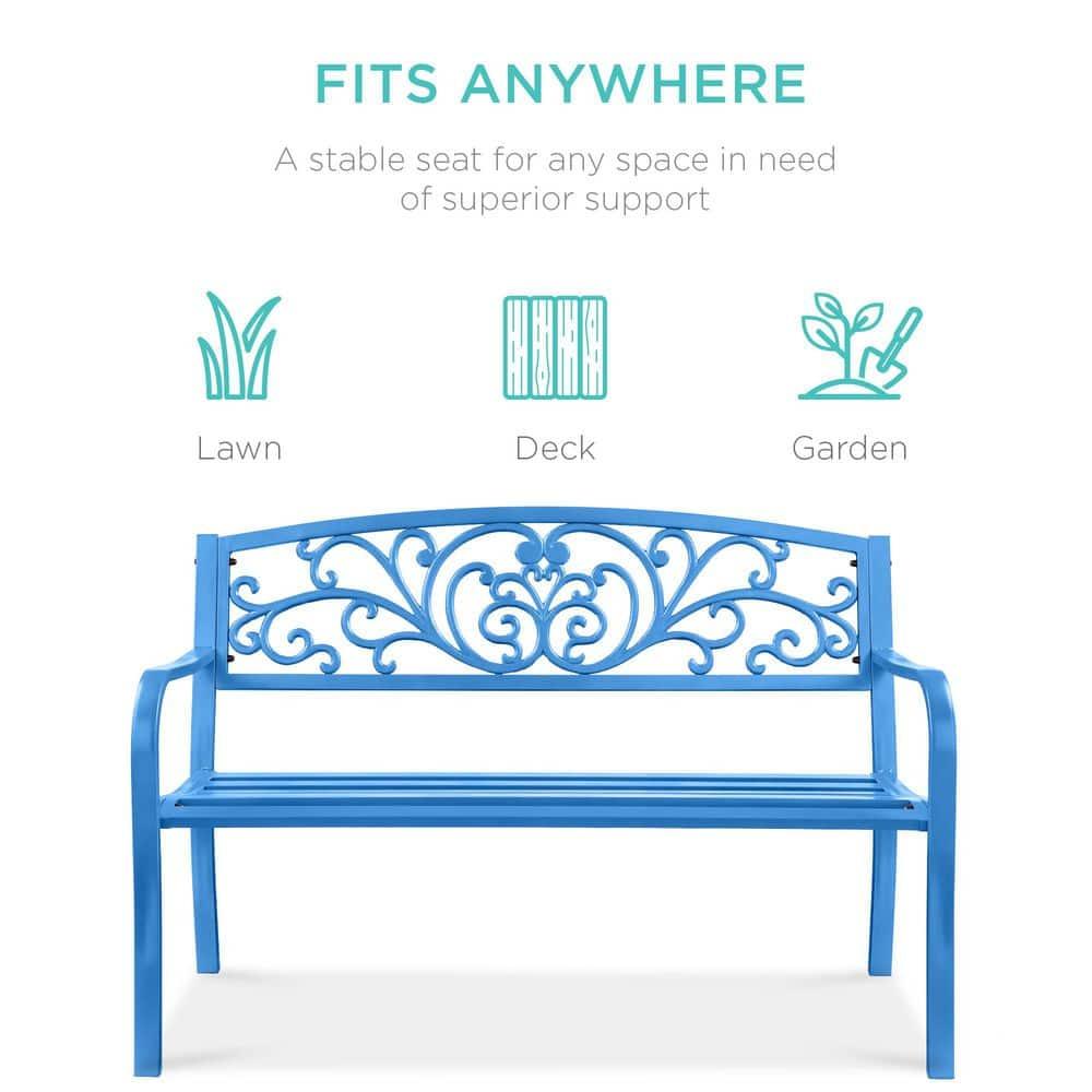 World Menagerie Outdoor Steel Bench with Floral Backrest & Slatted Seat, Marigold for Garden, Patio, Porch, Lawn, and Deck