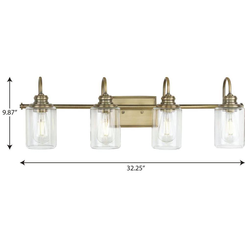 Progress Lighting Aiken 4-Light Bath Vanity Light, Vintage Brass, Clear Glass Shade