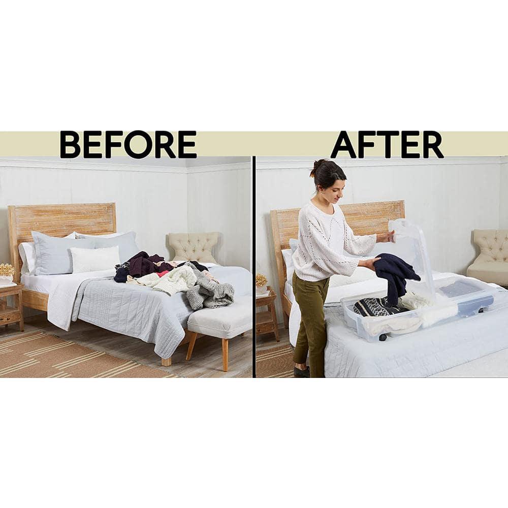 Rubbermaid 68 Quart Under the Bed Low Profile Storage Boxes with Dual Hinged Lids and Easy Rolling Caster Wheels, Clear, 2 Pack