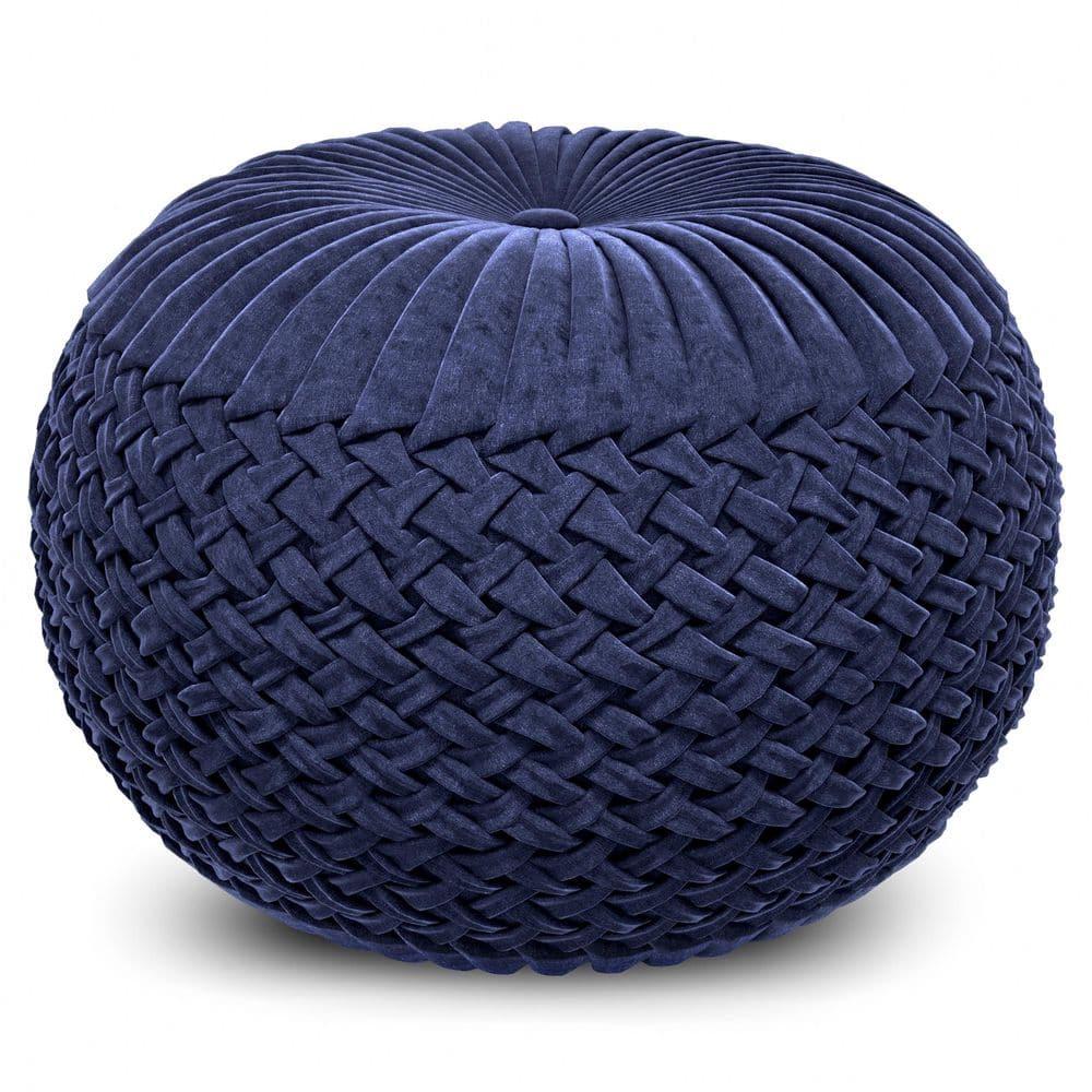 Simpli Home Grafton Transitional Round Pouf in Dark Blue Velvet Fabric