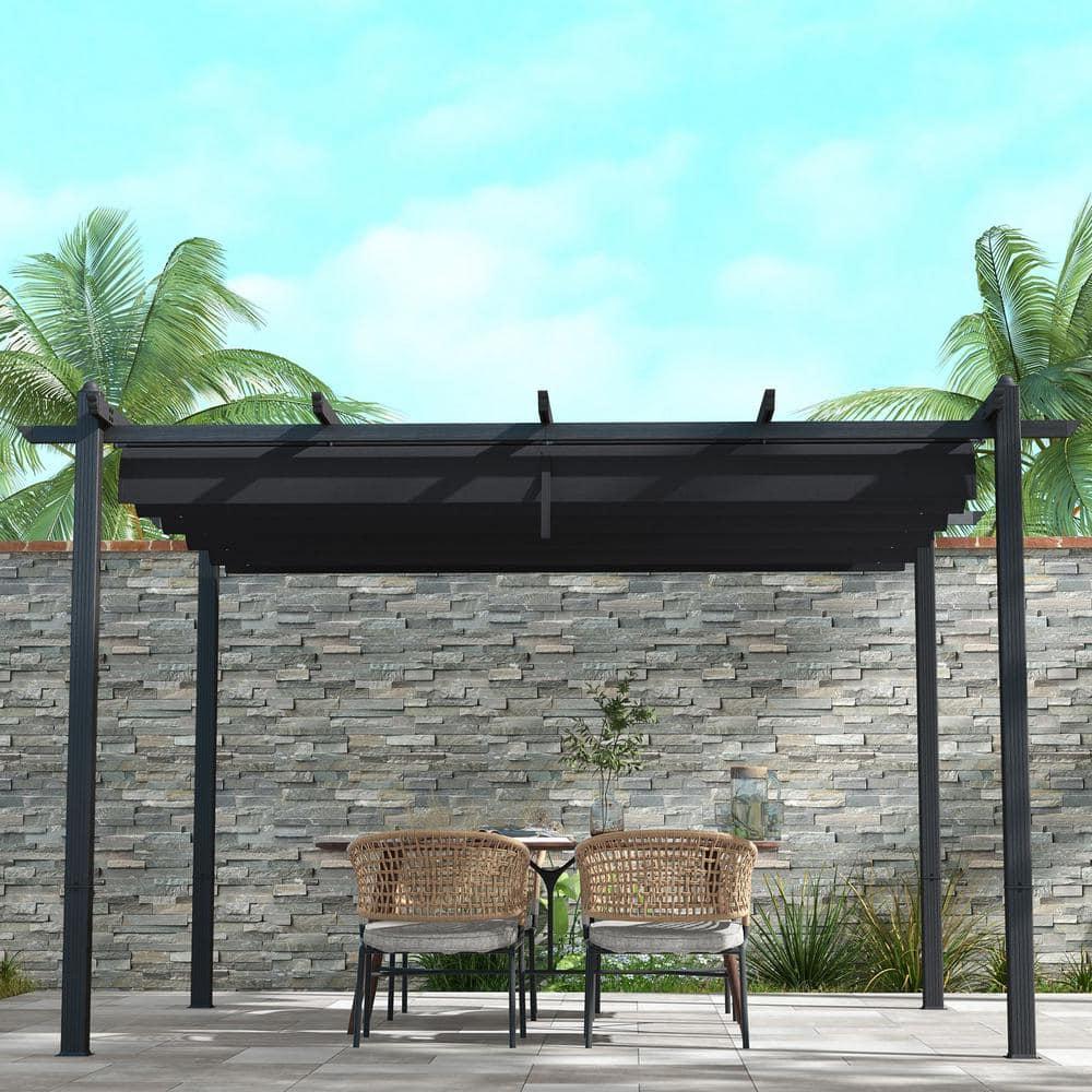 Outsunny 10' x 12' Outdoor Retractable Pergola, Heavy Duty Wood Grain Aluminum with Weather Resistant Fabric Sun Shade Canopy, Patio Shelter, Gray