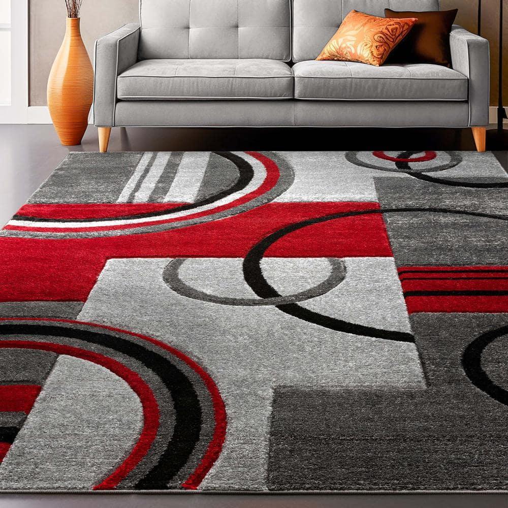 Well Woven Ruby Galaxy Waves Modern Geometric Grey & Red 6'7" x 9'3" Area Rug