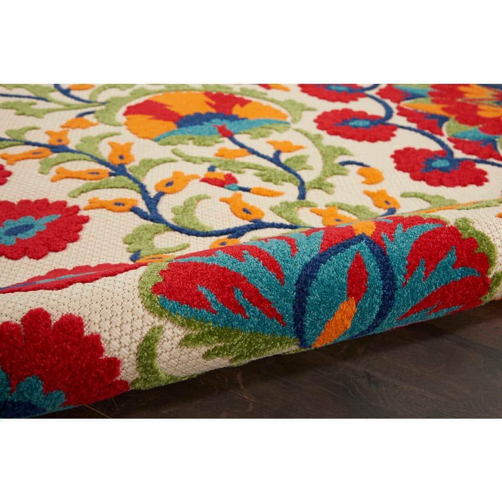 Nourison Aloha Floral Easy Care Flatweave High-Low Indoor Outdoor Area Rug Red/Multi 7' x 10'
