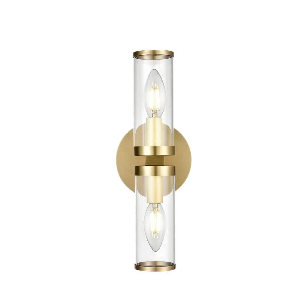 Natural Brass and Clear Glass Cylinder Wall Sconce