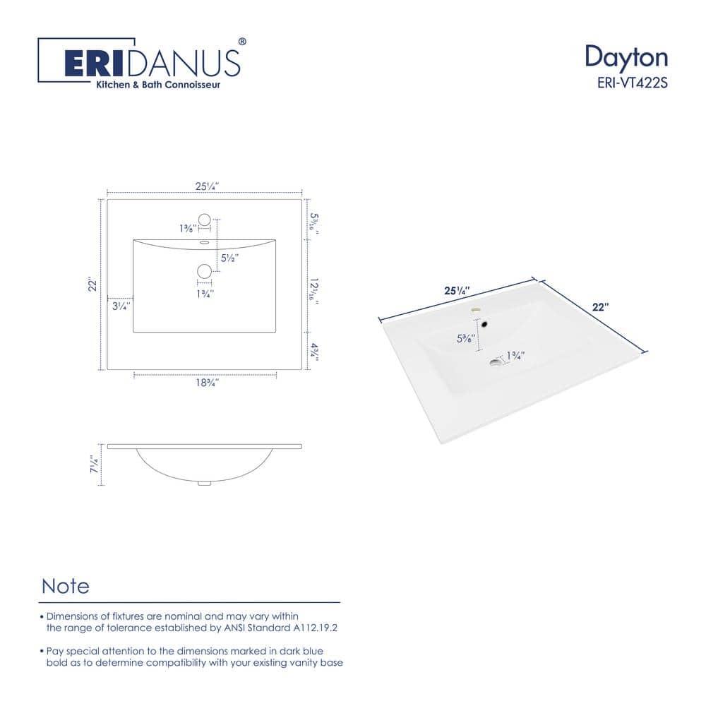 Eridanus Dayton 25" W x 22" D Vitreous China Vanity Top Sink in White with Single Faucet Hole (Sink Only)