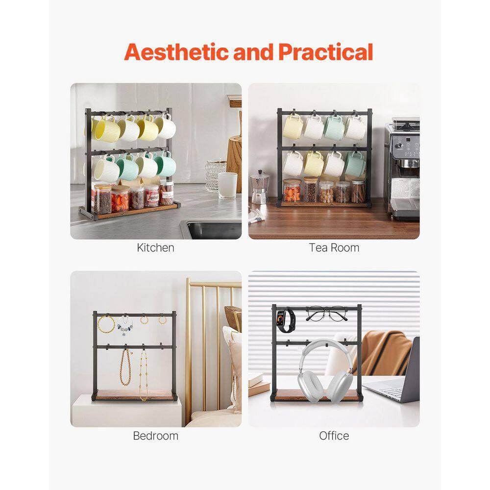 Coffee Mug Holder for Countertop, 16-Hooks Coffee Cup Holder with Storage Base, 2-Tier Mugs Tree Rack Carbon Steel