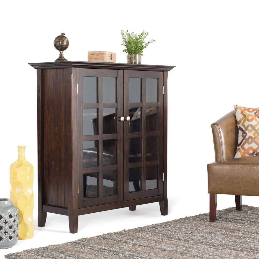 Simpli Home Acadian Solid Wood Shelf Storage Cabinet with Glass Doors and Adjustable Shelves