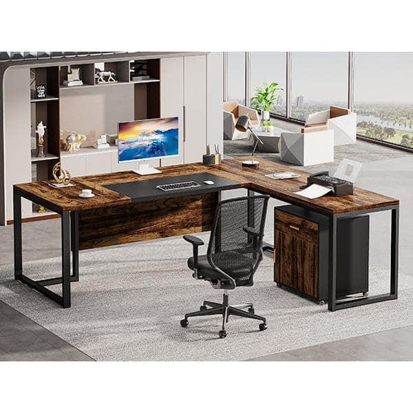 Capen 70.8 in. L Shaped Rustic Brown Wood Executive Desk with File Cabinet L Shaped Computer Desk for Home Office