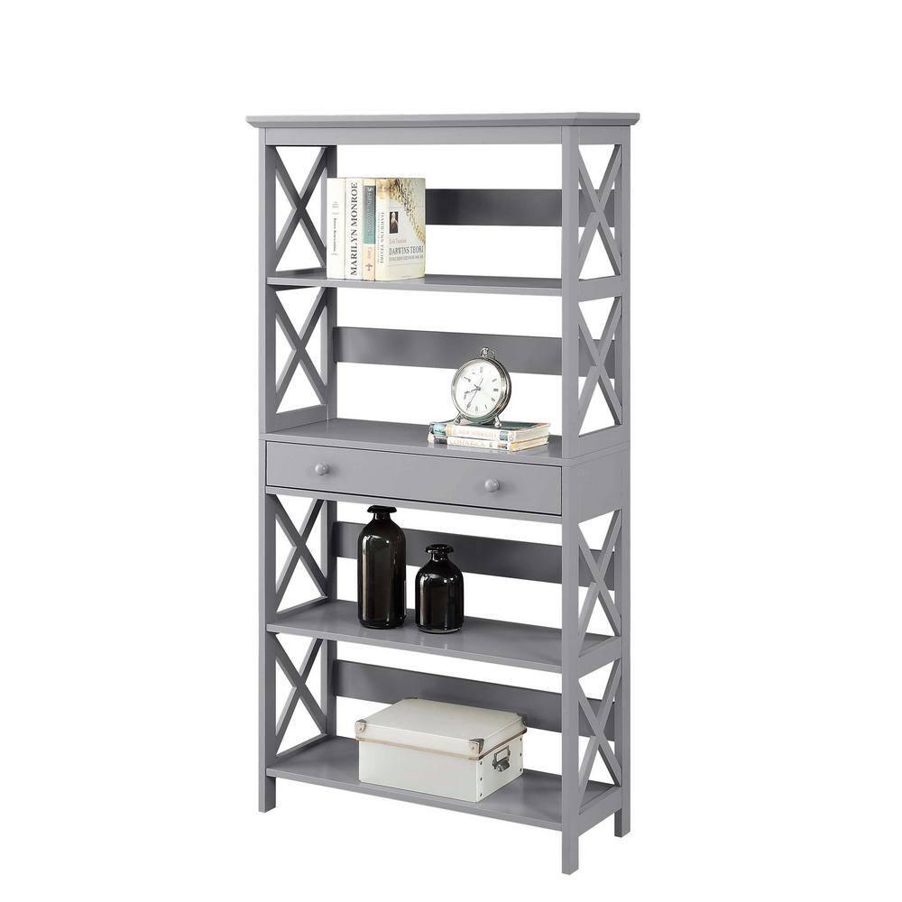 Convenience Concepts Oxford Five-Tier Bookcase with Drawer in Gray Wood Finish