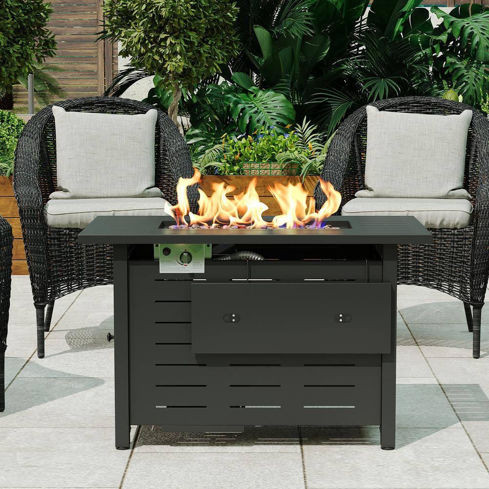 40-Inch Rectangular Propane Fire Pit Table, 50,000 BTU Outdoor Gas Fire Pit with Waterproof Cover, Alloy Steel Fire Table with Lid and Lava Rocks, Modern Black Firepit for Patio and Backyard