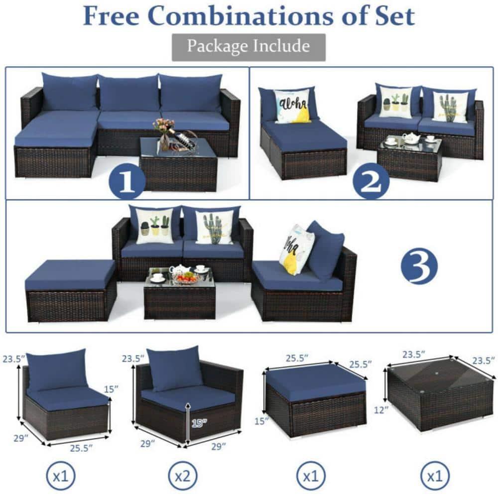 Kepooman Patio Furniture Sofa Set, Outdoor Conversation Sets, 5 Pieces Patio Rattan Sectional Furniture Set with Cushions and Coffee Table -Navy